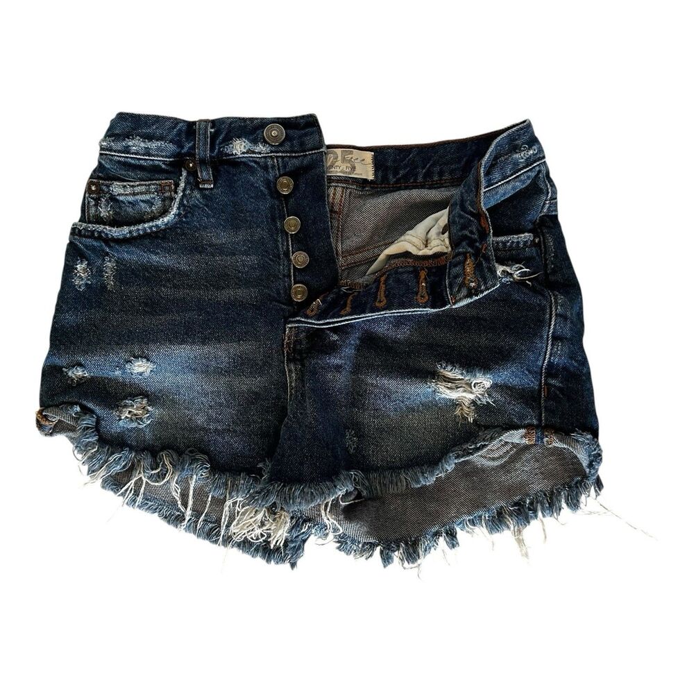 We The Free Free People Distressed Cutoff Denim High Rise Shorts 25 Button Fly